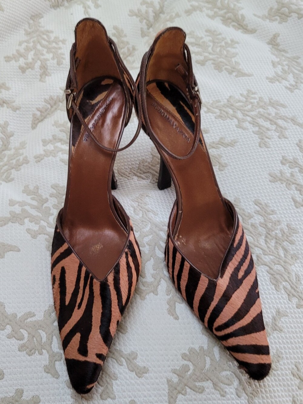 BCBGMAXAZRIA Calf Hair Zebra Print Pointed Toe Ankle Strap Dress Pumps, Size 8B